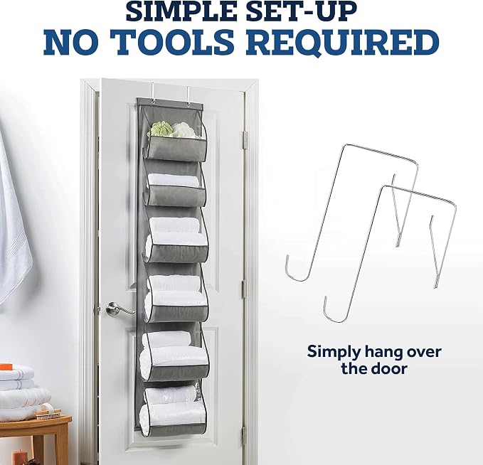 ZOBER Purse Organizer for Closet - Over The Door Purse Organizer W/ 6 Pockets for Easy Purse Storage - Durable Metal Hooks - Purse Rack W/Clear Pockets - Gray (2 Pack)