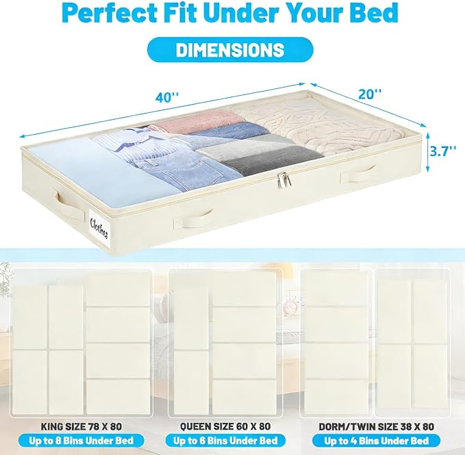 4 Inch Low Profile Under Bed Storage Drawer 2 Pack, Lightweight Underbed Clothes Storage Container Bins With NO STURCTURE, Shallow Storage Bag for Dorm & Home, With Clear Lids & Water-Resistant Fabric