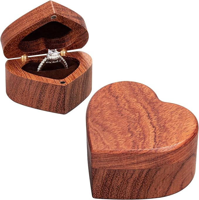 Engagement Proposal Ring Box Secret Slim Rose Wooden Heart Case | Rose Wood Ring Bearer Box Jewelry Storage Holder Display for Wedding Ceremony Commemoration