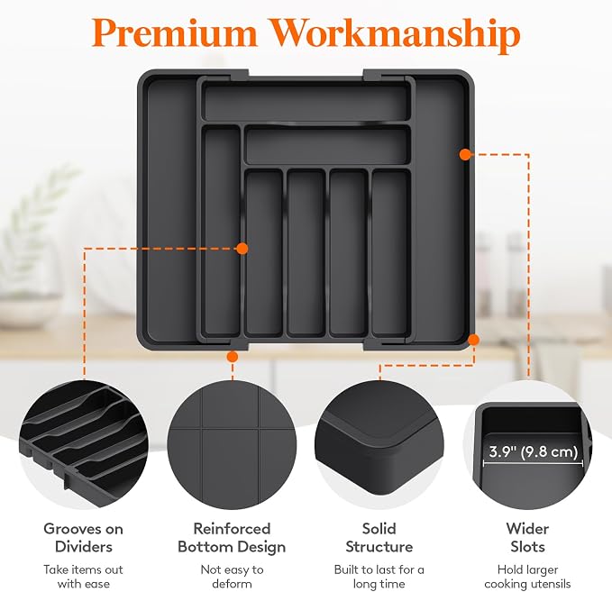 Lifewit Utensil Organizer for Kitchen Drawer, Expandable Cooking Silverware Tray, Adjustable Cutlery Flatware Holder, Plastic Spatula Tools Storage Divider, 11.8-19.6 x 15", Black
