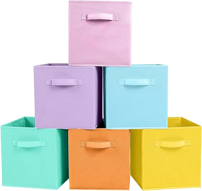 PowerKing Collapsible Storage Cubes with Handles, Fabric Foldable Bins for Closet Shelves, Durable Organization Storage Bins, 10.5'' x 11'' x 10.5'' (6 Colors Mix, 6Pack)