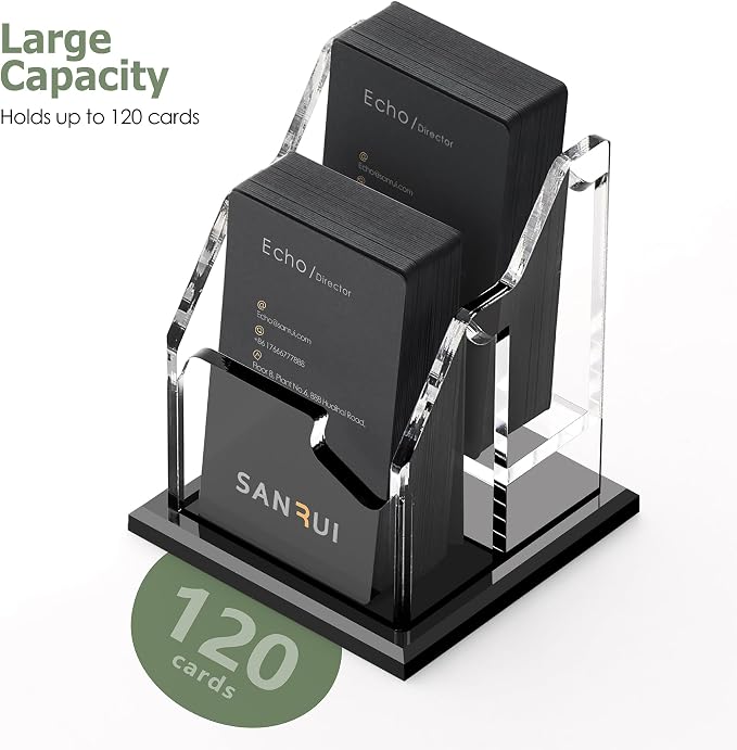 SANRUI Black Vertical Business Card Holder for Desk 2 Slot 2 Tier, Clear Acrylic Name Card Stand for Women and Men, Desktop Organizer Display for Office Home Exhibition - 120 Card Capacity 1 Pack