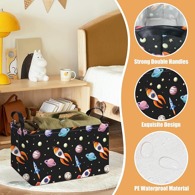Rectangular Planet Rocket Storage Bin Toy Organizer | Storage Bin Foldable Canvas with Handles for Organizing Home Kitchen Children Toys Office Closet Shelf Baskets