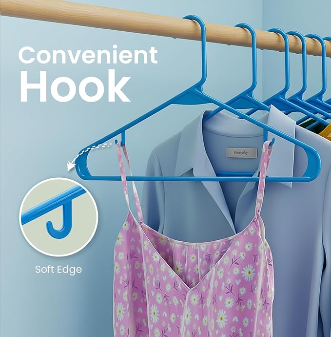 Utopia Home Plastic Hangers 50 Pack – Built-in Strap Hooks Blue | Space saving | Durable & strong | Closet organizer | Clothes hangers | Ideal for shirts, pants, skirts & coats