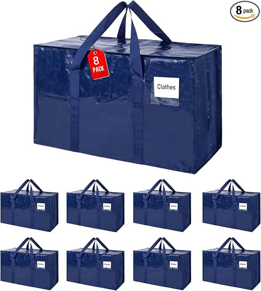 93L Moving Bags 8Pack Storage Bag Large Moving Boxes with Lids, Zippers Handles for Moving Totes Bins, College Dorm, Traveling, Camping, Christmas