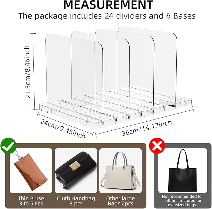 Stackable Bag & Purse Organizer for Closet Acrylic Shelf Dividers for Closet Organization, Clear Handbag Purse Storage Organizer Divider, Keep Clutch, Wallet, Pocketbook Upright, 6 Pack