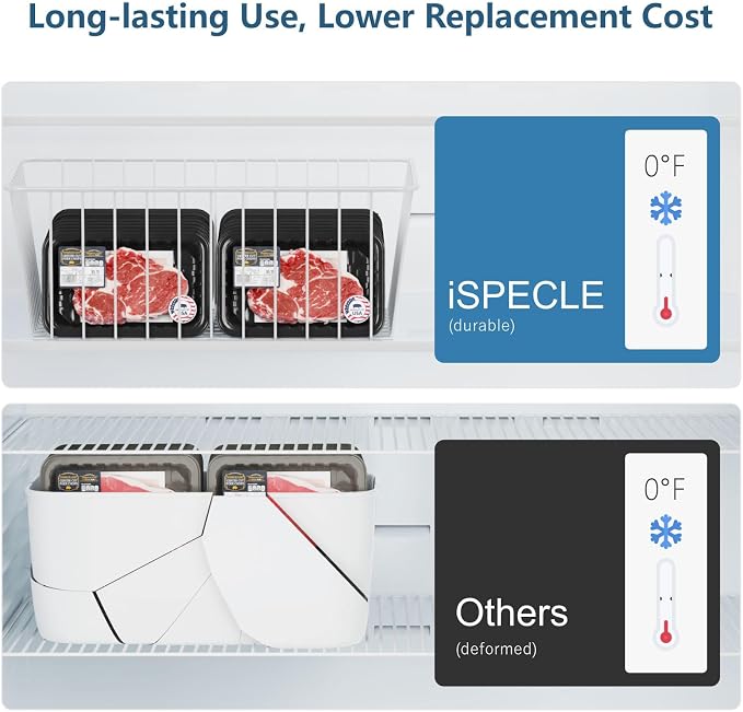 iSPECLE Freezer Organizer Bins - 4 Pack Upright Freezer Baskets for 17/21 Cu.Ft Stand Up Freezer, Wire Storage for Reach-In Freezer, Slide-Out Access, Prevents Items Falling, 2 Large 2 Medium, White
