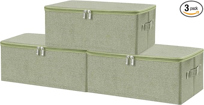 ANMINY 3PCS Storage Bins with Zipper Lids 13 Qt Lidded Fabric Storage Boxes Baskets Cubes with Handles Collapsible Washable Cotton Linen Closet Shelf Clothes Organizer Containers - Green, Small