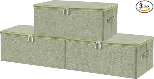 ANMINY 3PCS Storage Bins with Zipper Lids 13 Qt Lidded Fabric Storage Boxes Baskets Cubes with Handles Collapsible Washable Cotton Linen Closet Shelf Clothes Organizer Containers - Green, Small