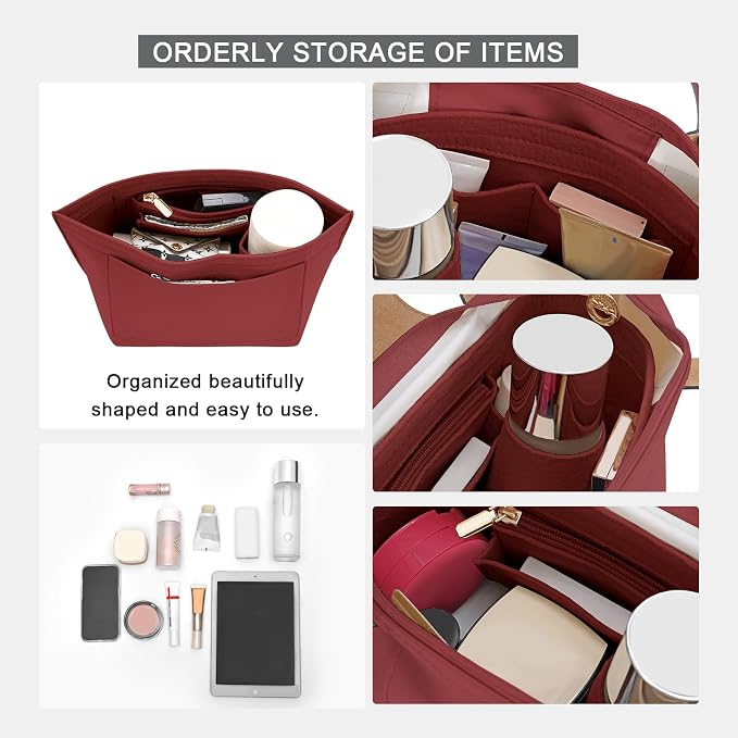 LOUKAYCCI Felt Purse Organizer Insert for Longchamp Le Pliage M Handbag Insert (Vine Red, Medium)