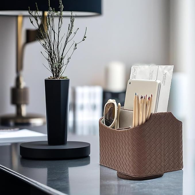 UnionBasic Rotating Desk Organizer, 360 Desk Spinning Caddy, Desktop TV Guide/Mail/Media/Remote Controller Holder Organizer, Woven Coffee