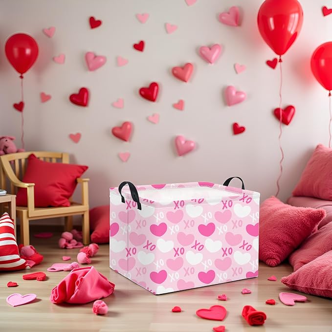 Rectangular Valentines Basket for Home Kitchen Girls Cute Kids Storage Bin Organizer Shelf Book Room Decor(XO Heart)