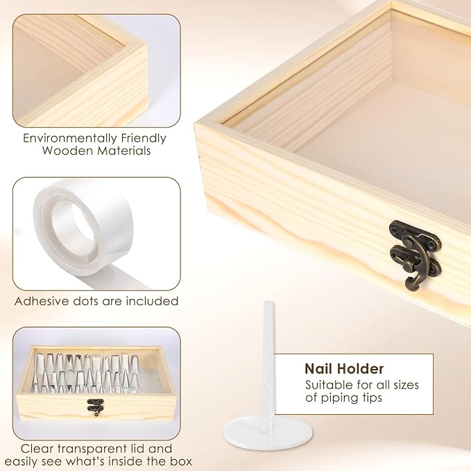Piping Tip Organizer, Equipped with 200 Pcs of Cake Flower Nails, Holds 60 Piping Tips, Cake Decorating Tools, Baking Tools, Cake Decorating Tips Storage Box Made with Wood, Piping Tip Sold Separately