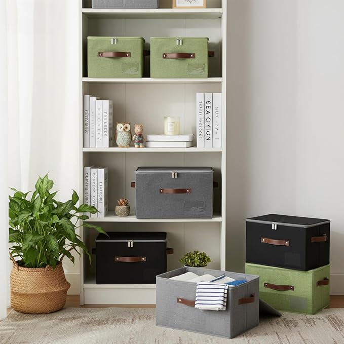 ANMINY Storage Bins with Zipper Lid Storage Boxes with Label Holder PU Leather Handles Washable Foldable Decorative Lidded Cotton Linen Fabric Cubes Baskets Closet Organizer - Gray, Medium