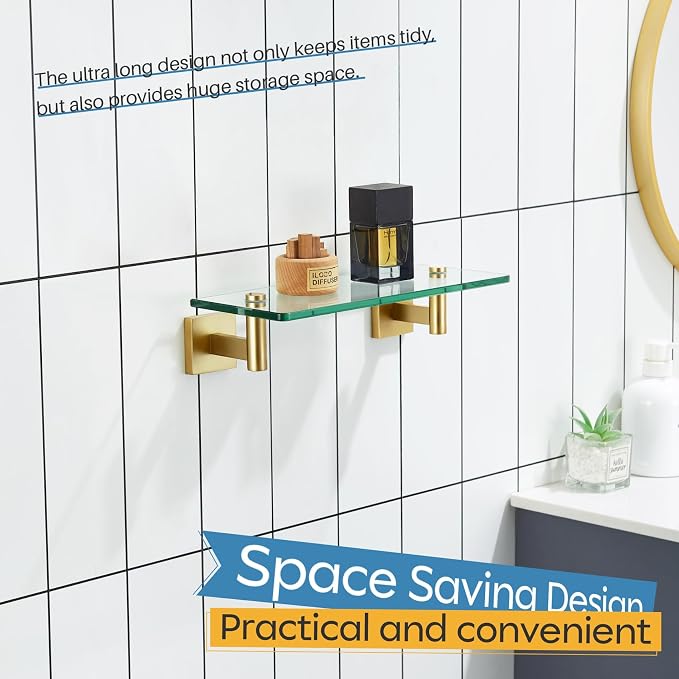 KOKOSIRI Wall Shelves Floating Shelf 12'' Stainless Steel Bathroom Hardware Tempered Glass Small Hanging Rack for Storage/Room Decor Gold B1105BG-L12