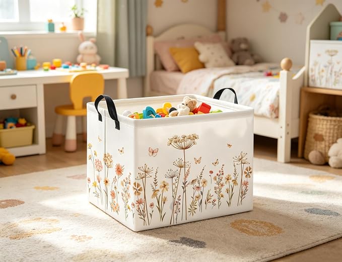 Rectangular Baby Kids Storage Basket for Home Kitchen Girls Cute Toy Storage Bin Organizer Shelf Book Room Decor(Line Flower)