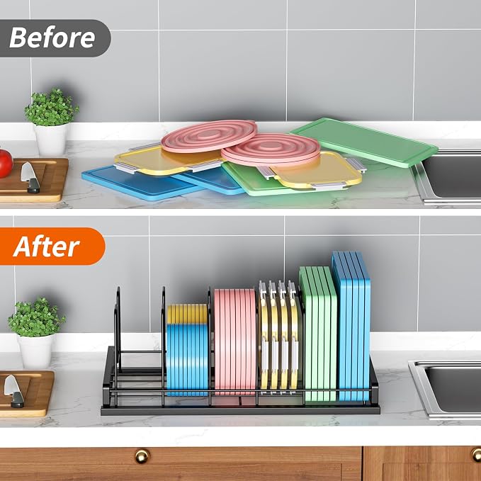 Food Container Lid Organizer for Cabinet with 6 Adjustable Divider | Metal Detachable Pot Lid Organizer,Lid Storage Organizer for Plastic Lids Pots Cookie Sheets for Cabinets,Cupboards,Drawer