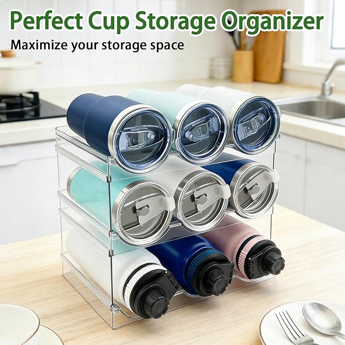 Spaclear 3 Pack Water Bottle Organizer for Cabinet, Stackable Water Bottle Holder, Plastic Cup Storage Organizer for Kitchen Cabinet Organizers and Storage, Tumbler Storage Cup Rack for Pantry Counter