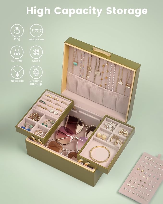 Lolalet Jewelry Box Organizer for Women Girls, 2 Layer Jewelry Organizers and Storage for Necklace Earrings Rings Bracelets, Large Jewellery Holder Case Birthday Gifts -Olive Green