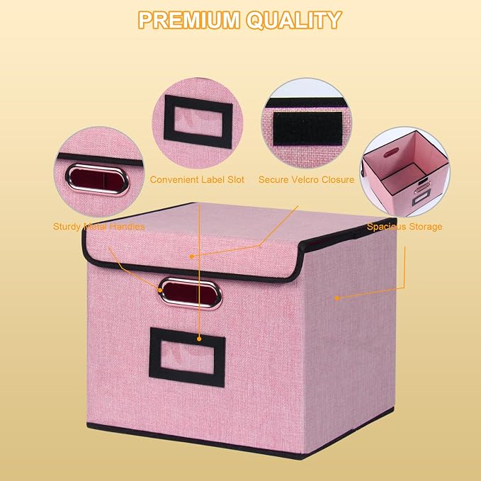 Large Square Storage Bin with Lid, Foldable Organizer Box with Handles & Label Design, for Office, Closet, Home, Documents, Pink, 12.20 x 10.63 x 10.63 Inches, 1 Pack