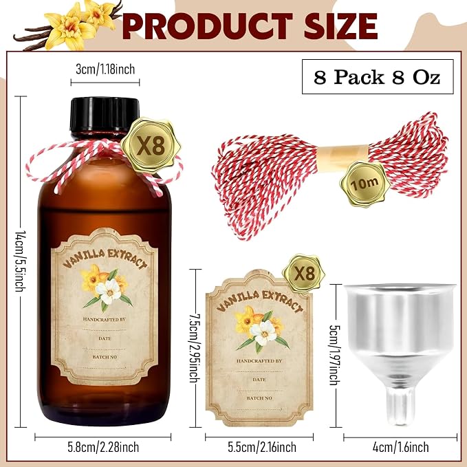 8 Pack 8 Ounce Amber Glass Bottle with Lids Vanilla Extract Homemade Brown Bottle 8 oz and 8 Pcs Vanilla Extract Stickers for Syrup Gift Glass Food Storage Canister Set Sauce Beans