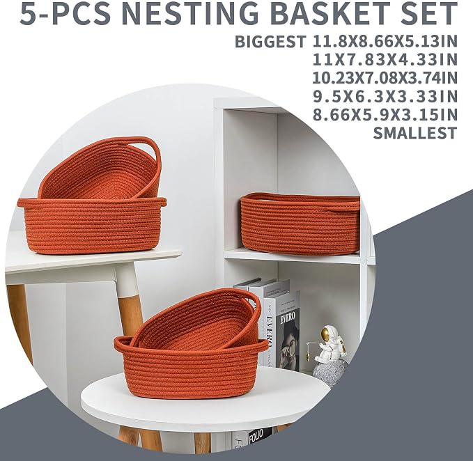 CubesLand Small Storage Basket Cotton Rope Organizer Baskets for Shelves | Set of 5 Decorative Closet Storage Bins with Handle for Countertop, Toilet Paper Basket for Toilet Tank Top, Rust Basket