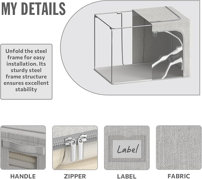 4 Pack Clothes Storage Bins with Metal Frame - 66L Stackable Storage Box with Lid，Foldable Storage Container Organizer for Clothes，Linen Fabric Storage Box with Clear Window＆Zippers＆Handles