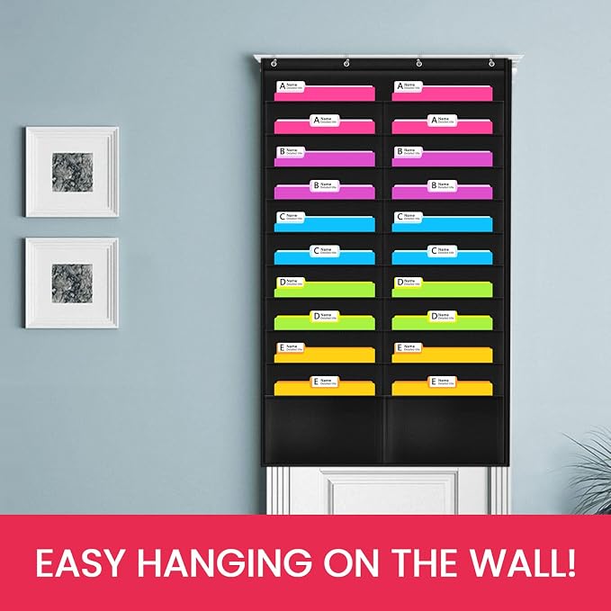 Folder Pocket Chart (Black), Cascading Wall Organizer for School, Classroom, Home or Office Use, 20 Pocket Chart Hanging Wall Organizer with 4 Hangers