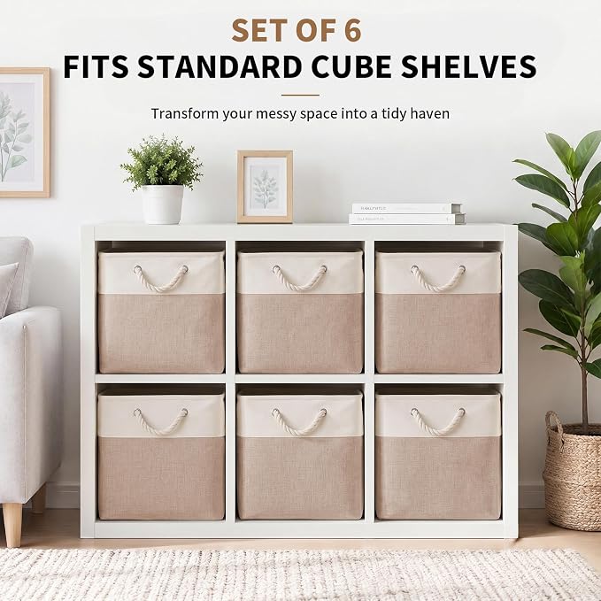13×15×13 Inch Storage Cubes,6 Pack Cube Storage Bins for Shelves,Fabric Collapsible Storage Bins with Handles, Foldable Storage Basket for Organizing Clothes,Books (White&Beige,13"x15"x13")