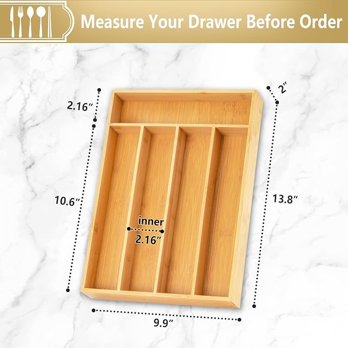 Silverware Organizer, 10 Inch Utensil Organizer Kitchen Drawer Organizer Bamboo Silverware Holder Cutlery Tray Organizer in Drawer Flatware Organizer Tray(5 slots, Natural