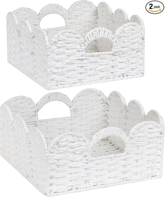 Graciadeco Scalloped Wicker Basket Natural Paper Rope Storage Baskets with Handles Handwoven Organizer Bin Wicker Storage Baskets for Home Decor, Organizing, 2 Pack (White)