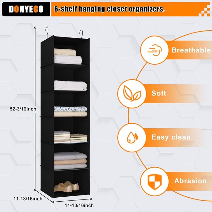 Hanging Closet Organizer 6-Shelf, Oxford Fabric Wardrobe Storage, Black | Easy-mount foldable design holds clothes, handbags, shoes & accessories; washable Oxford fabric, sturdy and space-saving.