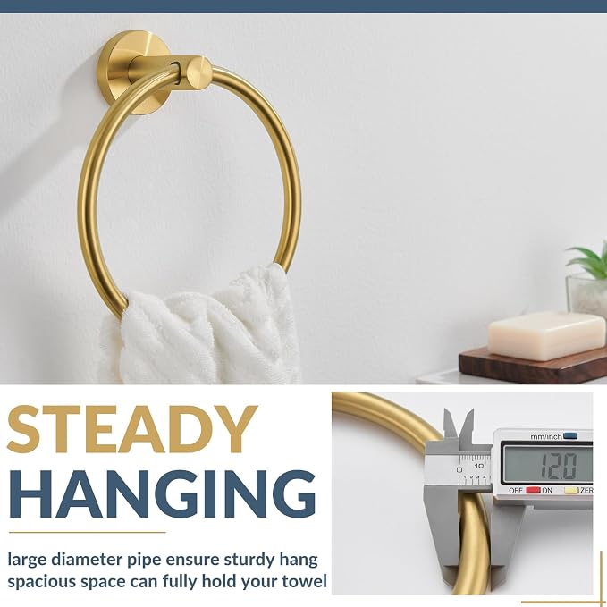 APLusee Brushed Gold Hand Towel Ring, 304 Stainless Steel Flexible Round Towel Holder for Bathroom Kitchen, Wall Mounted