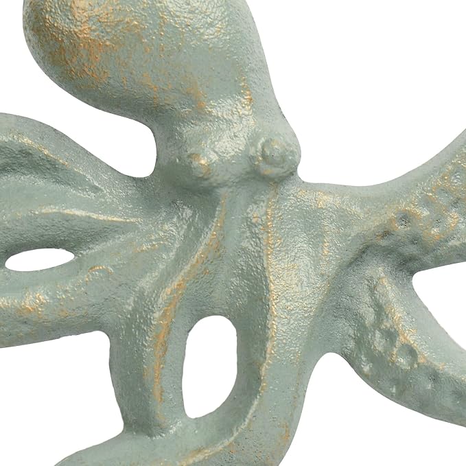 Octopus Iron Wall Hooks for Hanging, Rustic Decorative Hooks/Key Holder/Coat Hooks/Towel Hooks with 6 arms - Gold Green