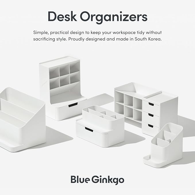 BLUE GINKGO Compact Desk Organizer – Small 5-Compartment, Half Drawer Storage – Pen Holder, Stationery Organizer for Desktop, Vanity, Shelf (Made in Korea, Blue)