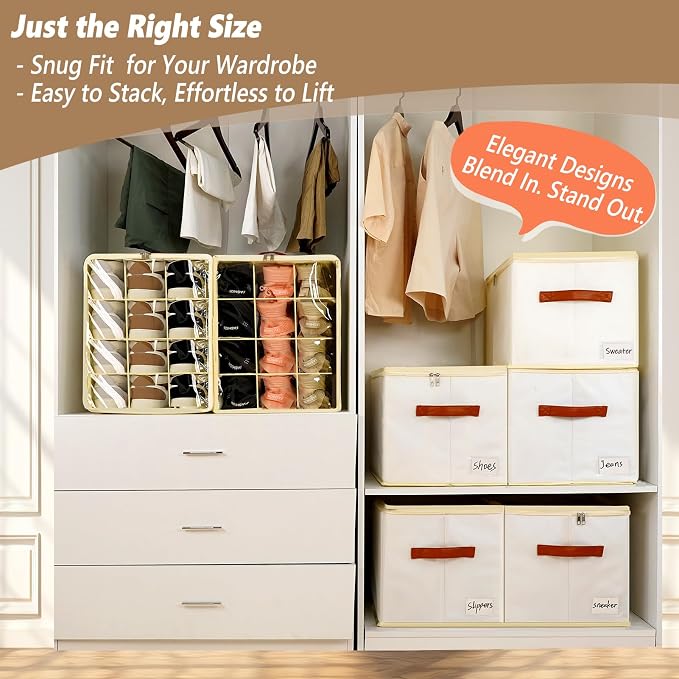 Patinao 2 Pack Shoe Storage Box Organizer for Closet - 24 Cell Space Saver Shoes Containers Bin with Clear Lids Stackable, Can Fit Ottoman, Foldable Shoe Rack Cabinet Cubby for Wardrobe