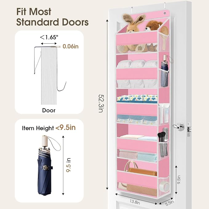 SpaceHacks 2 Pack Over The Door Organizer Hanging Storage Organizers with Clear Window 40lb Large Capacity Room Organizer for Pantry Laundry Bathroom Nursery Closet(Pink)