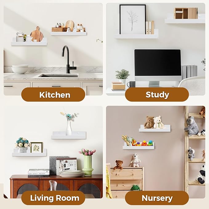 Muzilife 55" Large Floating Wall Ledge Shelves with Lip - Set of 2 Wood Floating Shelves - White Wall Mounted Picture Ledge for Office, Bathroom, Bedroom, Living Room, Kitche