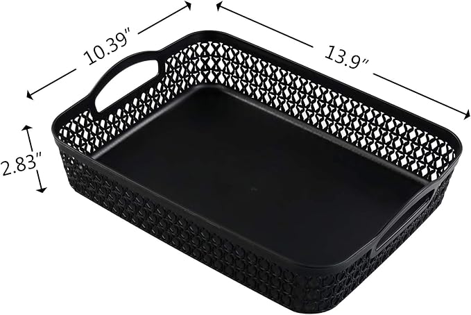 Large Plastic Storage Basket Tray with Handle, Black, Pack of 6