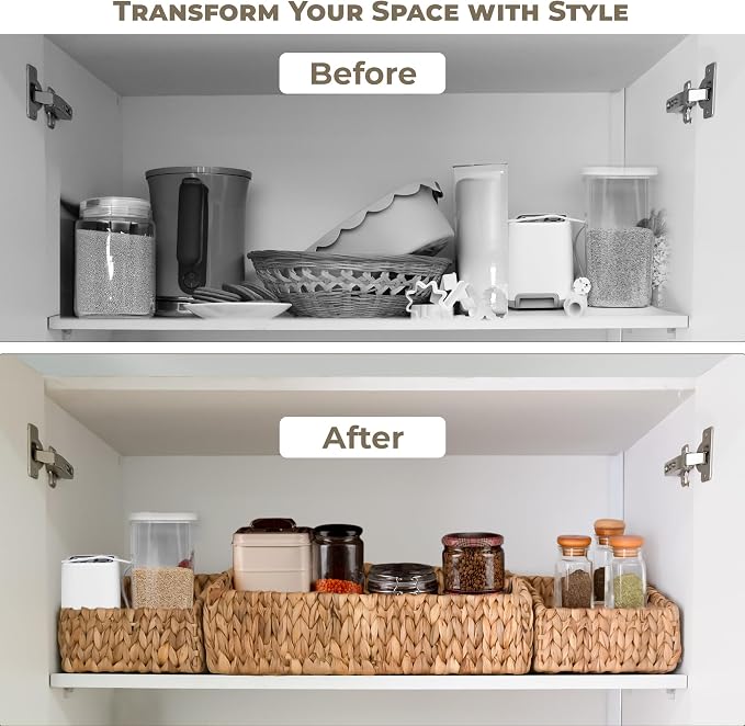 KOKODO Rectangular Wicker Storage Baskets for Shelves, Set of 3 Water Hyacinth Woven Bins with Handles, Open Front Pantry Shelf Organizer for Closet, Bedroom, Boho Decorative, Natural