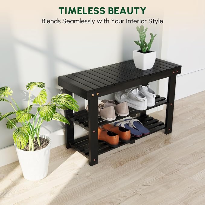 BEEFURNI Wooden Shoe Rack Bench, 3-Tier Wooden Shoe Organizer for Entryway, Aciaca Bench with Shelf, Solid Wood Shoe Storage Bench for Doorway, Hallway, Bathroom, 300 LBS, 1-Year Warranty, Black