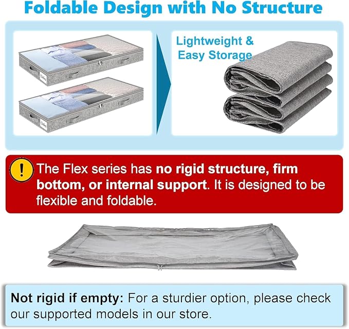 4 Inch Low Profile Under Bed Storage Drawer 4 Pack, Lightweight Underbed Clothes Storage Container Bins With NO STURCTURE, Shallow Storage Bag for Dorm & Home, With Clear Lids & Water-Resistant Fabric