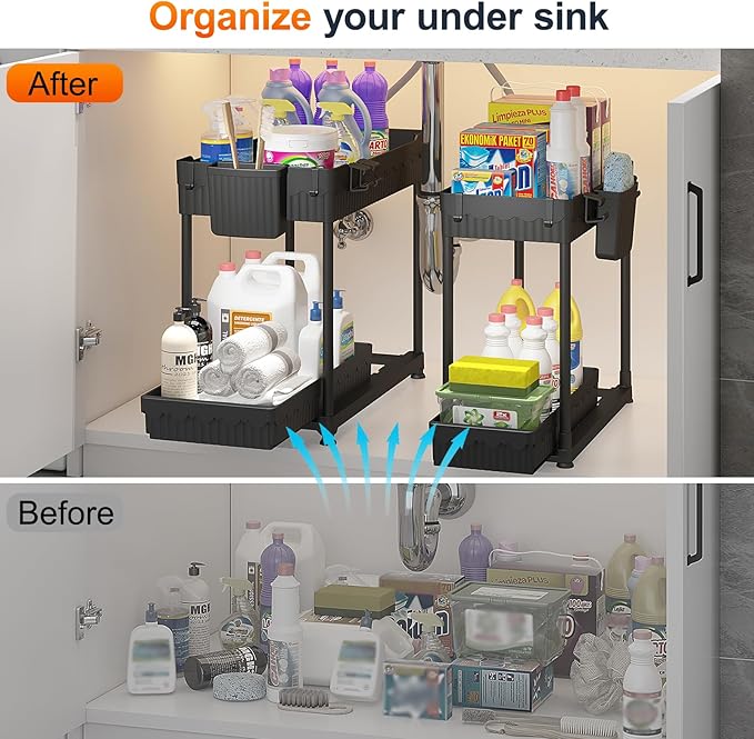Sevenblue 4-Pack 2-Tier Under Sink Organizer with Pull Out Drawers | Multi-use kitchen & bathroom storage. Includes hanging hooks and cups. Black, space-saving cabinet design.