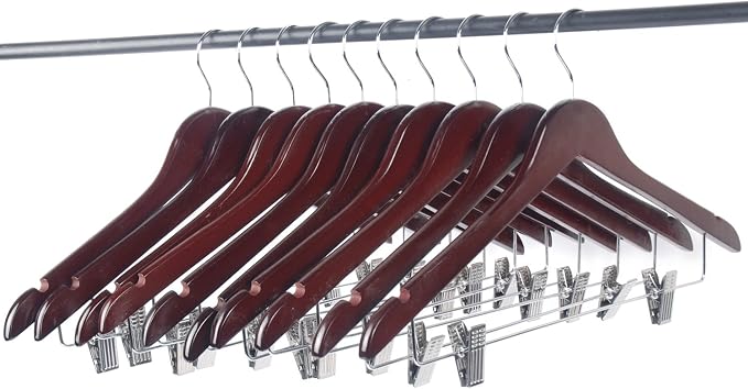 Solid Walnut Finish Wooden Suit Hangers with Anti-Rust Pant Clips, Pack of 10