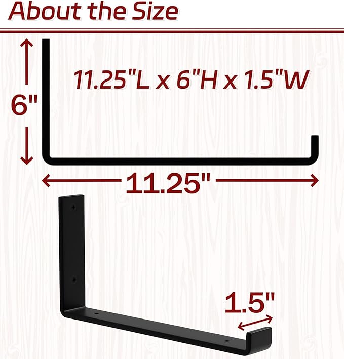 8-Pack - 11.25" L x 6" H x 1.5" W Shelf Bracket, 1/5” Thick Iron Metal Wall Rustic Industrial J Lip Floating Shelf Bracket