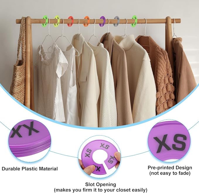 PATIKIL Clothes Dividers for Hanging Clothes, 40 Pack 8 Sizes Round Pre-written Clothing Rack Dividers Size Mark Label Sorting Separator for Closet, Lavender
