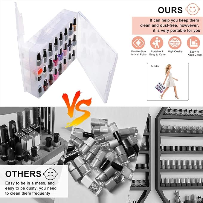 SUBAY 2 Pcs Portable Nail Polish Organizer, Clear Double Side Nail Polish Holder ,Gel Nail Storage for 48 Bottles with 6 Adjustable Dividers in Each Side Space Saver