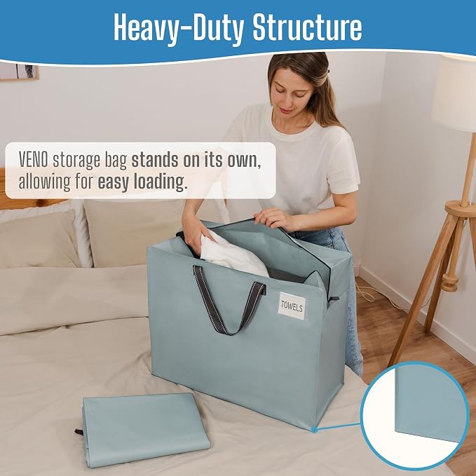 VENO 4 Pack Heavy Duty Moving Bags, Storage Bags, Packing Supplies, Top Zipper, Storage Totes for Camping, Clothes, Bedding, Comforters, Pillows (22 Gallon Light Blue, 4 Pack)
