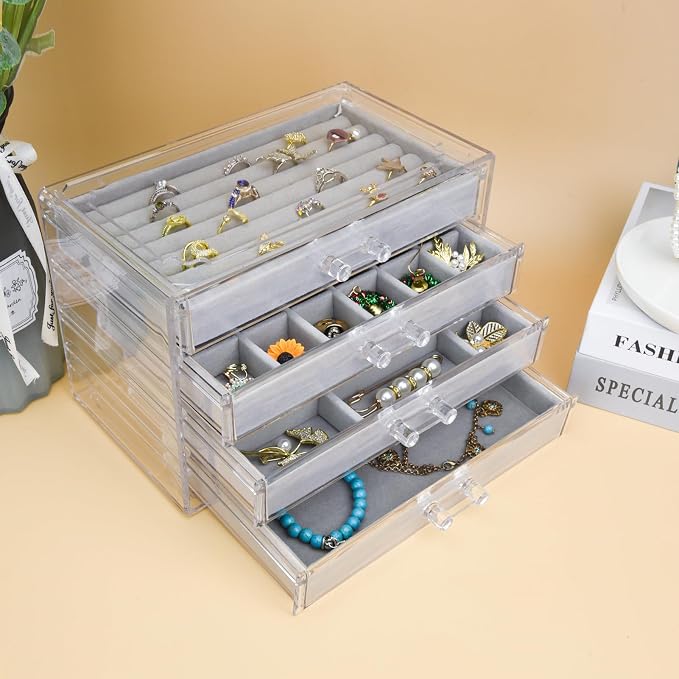 Weiai Acrylic Jewelry Organizer Box 4 Drawer Earring Case Storage for Women Gray