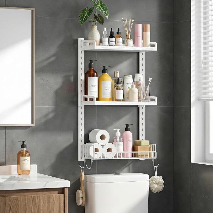 Kalrin 3 Tier Bathroom Shelves Over Toilet - Wall Mounted Floating Shelves with Drain Basket, Toilet Paper Storage, Height Adjustable Over The Toilet Storage, Pure White